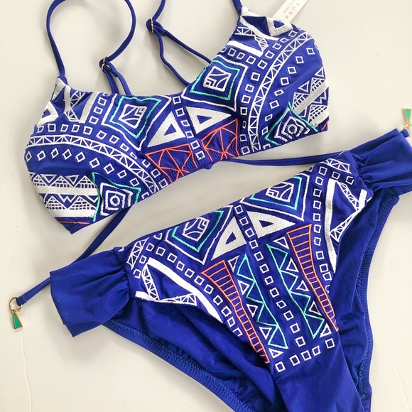 Trina Turk Blue Embroidered Two Piece Swimsuit size 4 - Picture 2 of 9